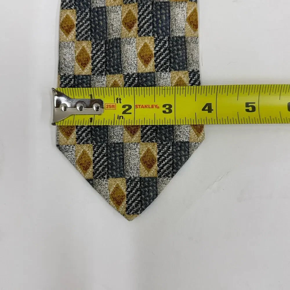 Ermenegildo Zegna Gray Gold Geometric Check Silk Tie Made in Italy Disegno